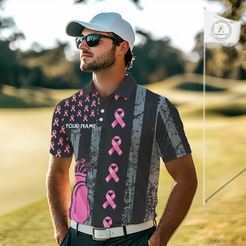 Custom Black Grunge US Flag Pink Ribbon Golf Polo Shirts For Men Breast Cancer Golf Shirts NYN4078