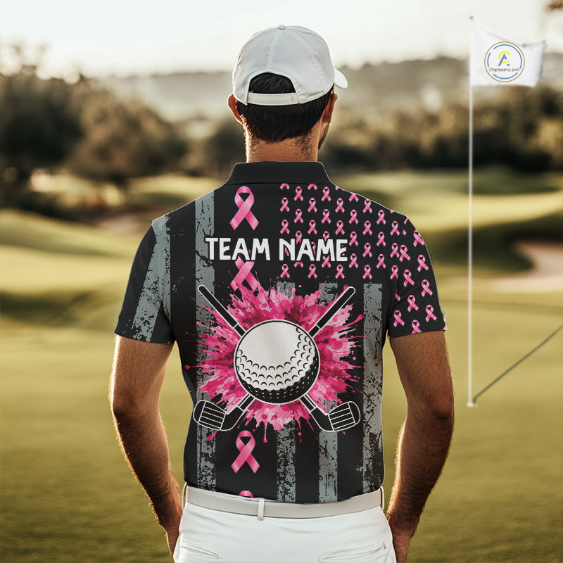 Custom Black Grunge US Flag Pink Ribbon Golf Polo Shirts For Men Breast Cancer Golf Shirts NYN4078