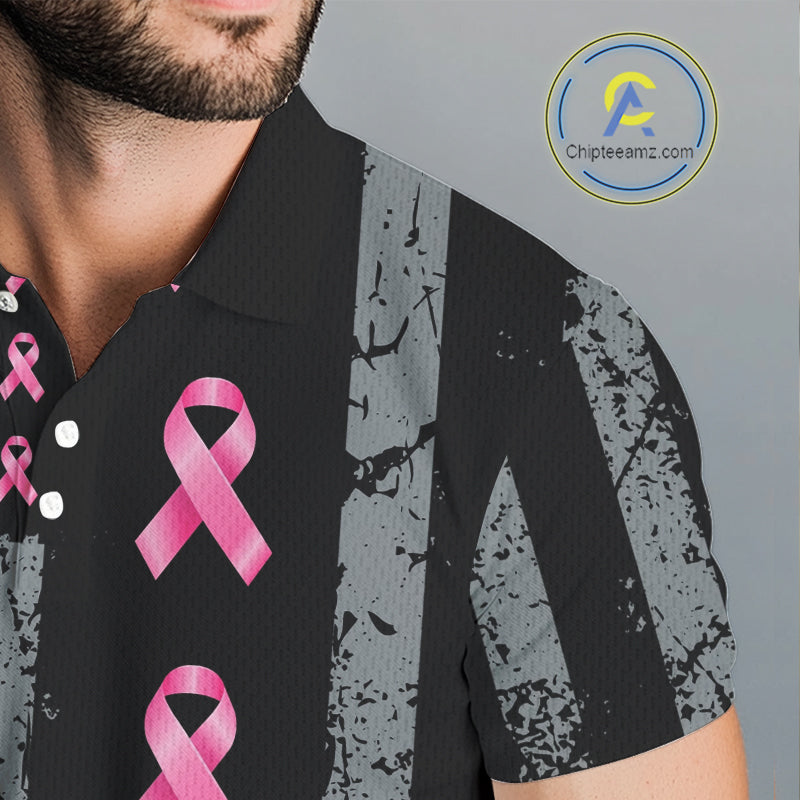 Custom Black Grunge US Flag Pink Ribbon Golf Polo Shirts For Men Breast Cancer Golf Shirts NYN4078