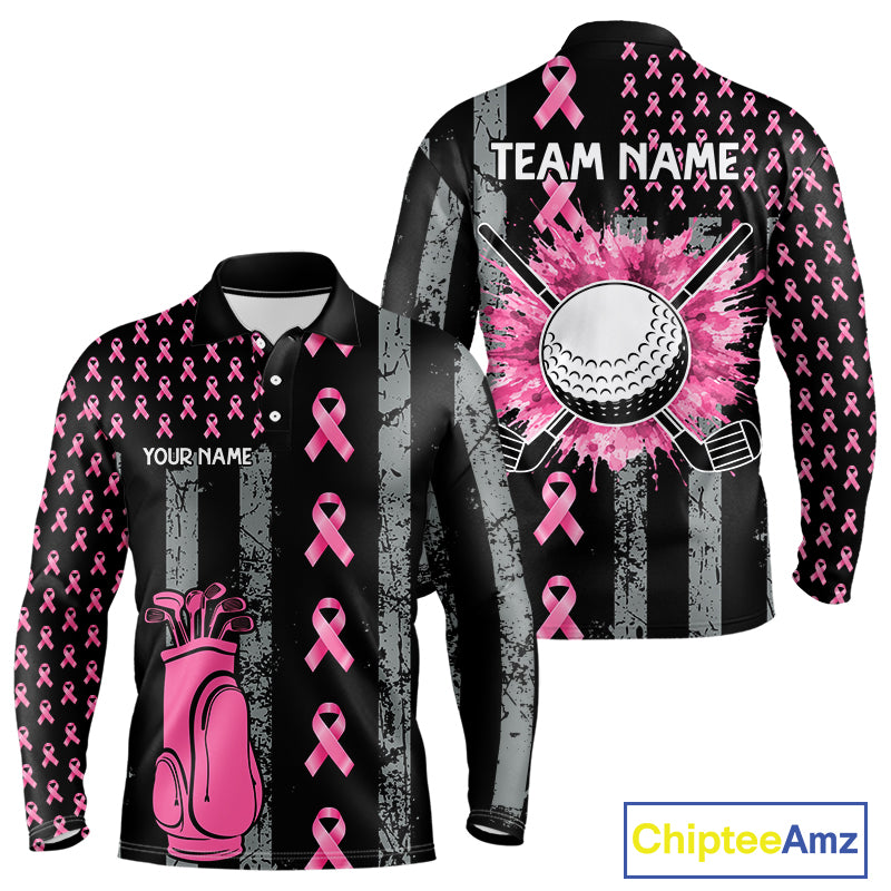 Custom Black Grunge US Flag Pink Ribbon Golf Polo Shirts For Men Breast Cancer Golf Shirts NYN4078