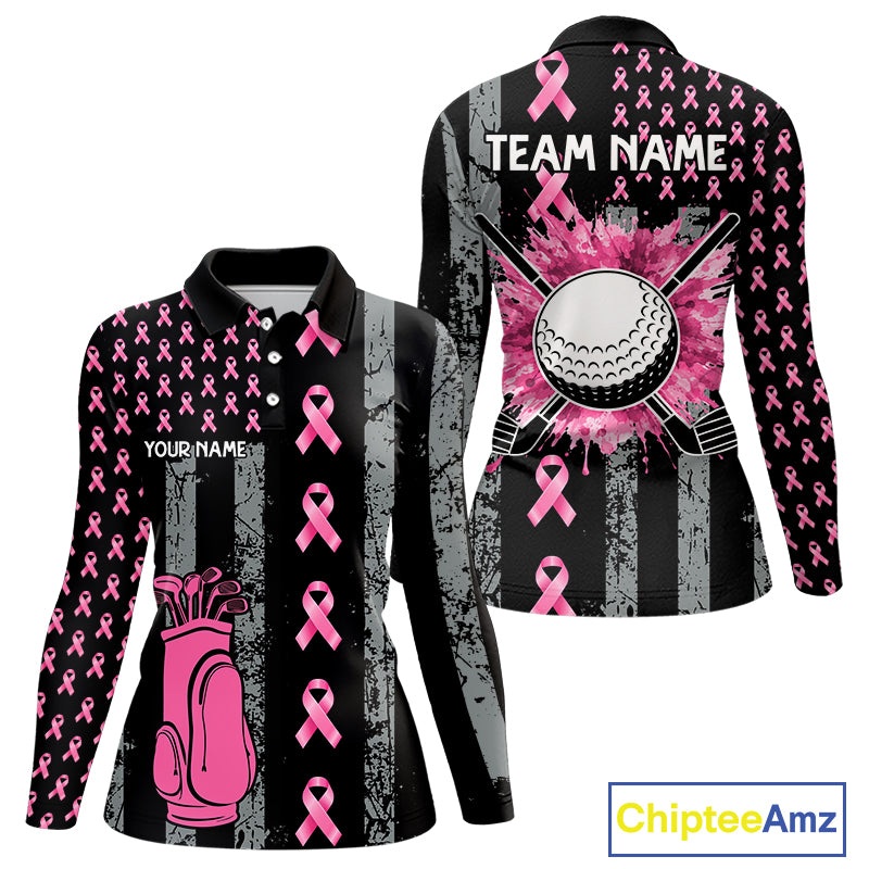Custom Black Grunge US Flag Pink Ribbon Golf Polo Shirts For Women Breast Cancer Golf Shirts NYN4078