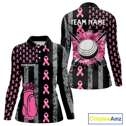 Custom Black Grunge US Flag Pink Ribbon Golf Polo Shirts For Women Breast Cancer Golf Shirts NYN4078