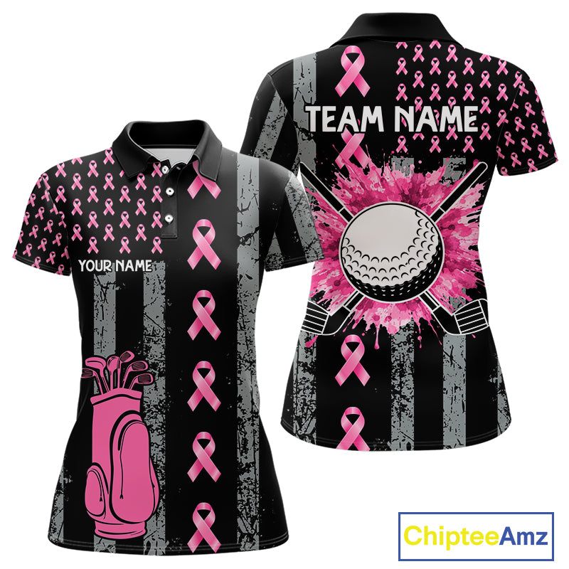 Custom Black Grunge US Flag Pink Ribbon Golf Polo Shirts For Women Breast Cancer Golf Shirts NYN4078