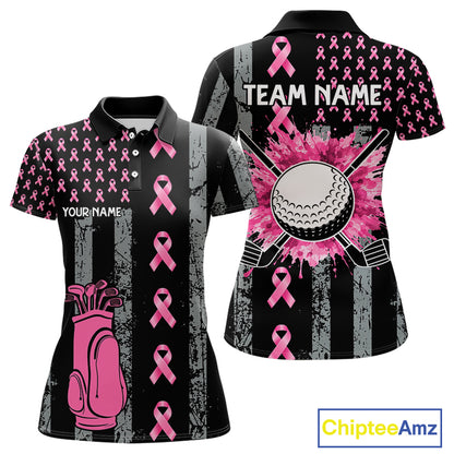Custom Black Grunge US Flag Pink Ribbon Golf Polo Shirts For Women Breast Cancer Golf Shirts NYN4078
