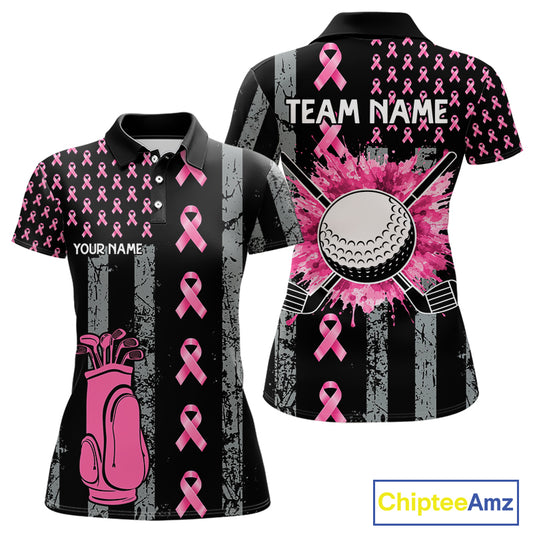 Custom Black Grunge US Flag Pink Ribbon Golf Polo Shirts For Women Breast Cancer Golf Shirts NYN4078