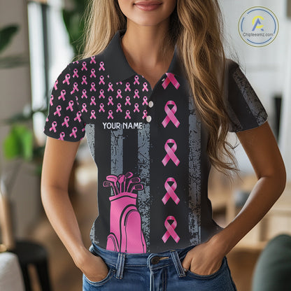 Custom Black Grunge US Flag Pink Ribbon Golf Polo Shirts For Women Breast Cancer Golf Shirts NYN4078