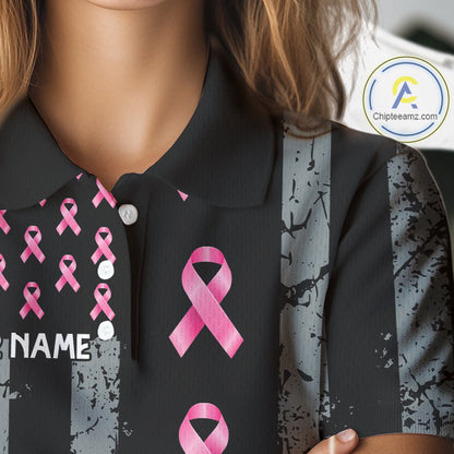 Custom Black Grunge US Flag Pink Ribbon Golf Polo Shirts For Women Breast Cancer Golf Shirts NYN4078