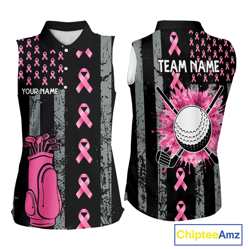 Custom Black Grunge US Flag Pink Ribbon Golf Sleeveless Polo Shirts For Women Breast Cancer Golf Shirts NYN4078