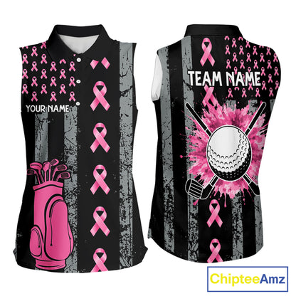 Custom Black Grunge US Flag Pink Ribbon Golf Sleeveless Polo Shirts For Women Breast Cancer Golf Shirts NYN4078