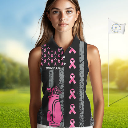 Custom Black Grunge US Flag Pink Ribbon Golf Sleeveless Polo Shirts For Women Breast Cancer Golf Shirts NYN4078