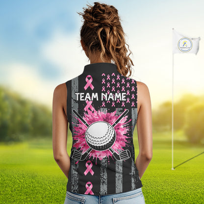 Custom Black Grunge US Flag Pink Ribbon Golf Sleeveless Polo Shirts For Women Breast Cancer Golf Shirts NYN4078
