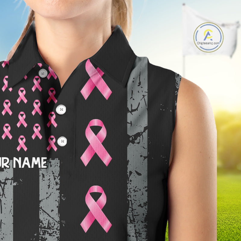 Custom Black Grunge US Flag Pink Ribbon Golf Sleeveless Polo Shirts For Women Breast Cancer Golf Shirts NYN4078