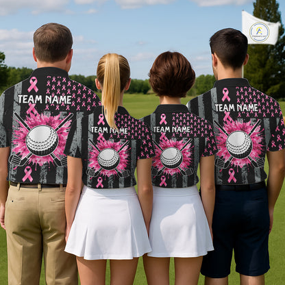 Custom Black Grunge US Flag Pink Ribbon Golf Polo Shirts For Men Breast Cancer Golf Shirts NYN4078