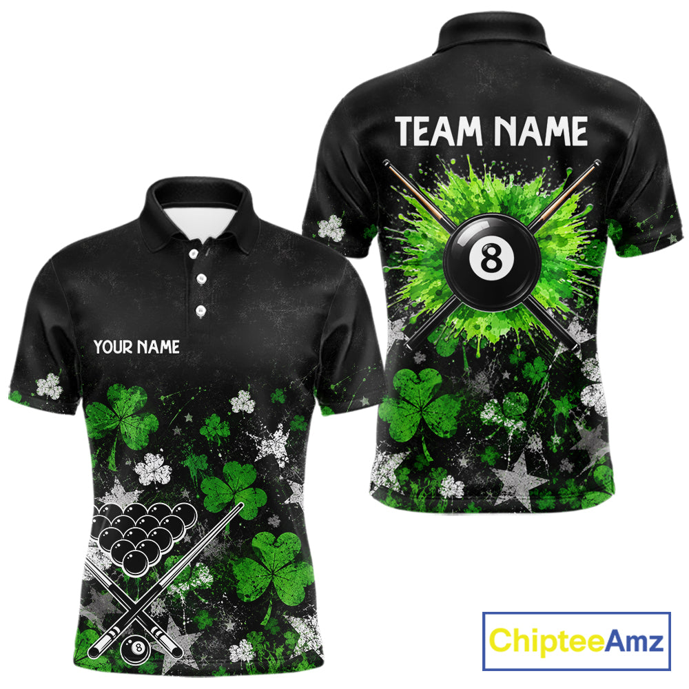 Custom Grunge Star Green Shamrock St Patrick Billiard Shirts For Men Splatter 8 Ball Pool Team Shirts NYN4079