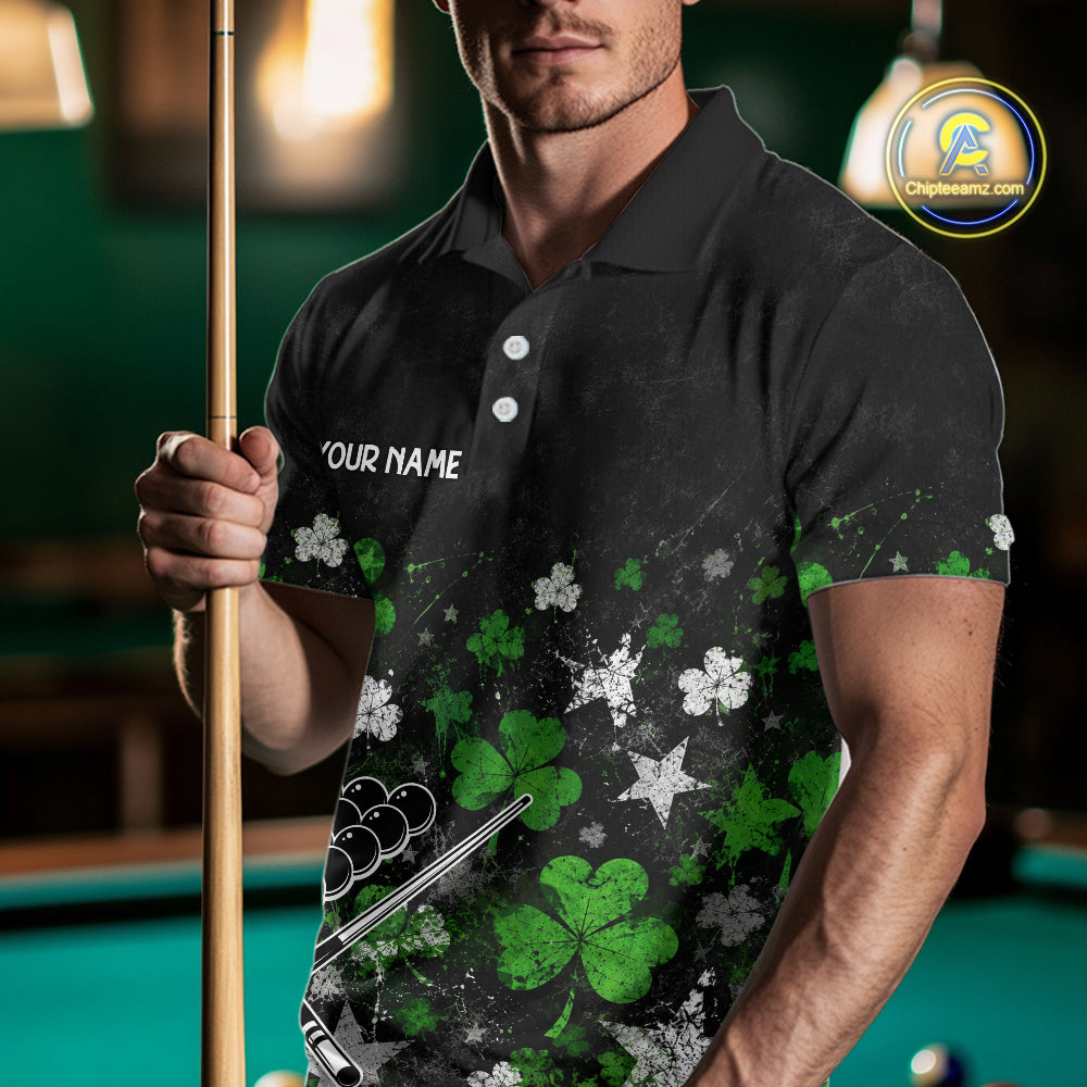 Custom Grunge Star Green Shamrock St Patrick Billiard Shirts For Men Splatter 8 Ball Pool Team Shirts NYN4079