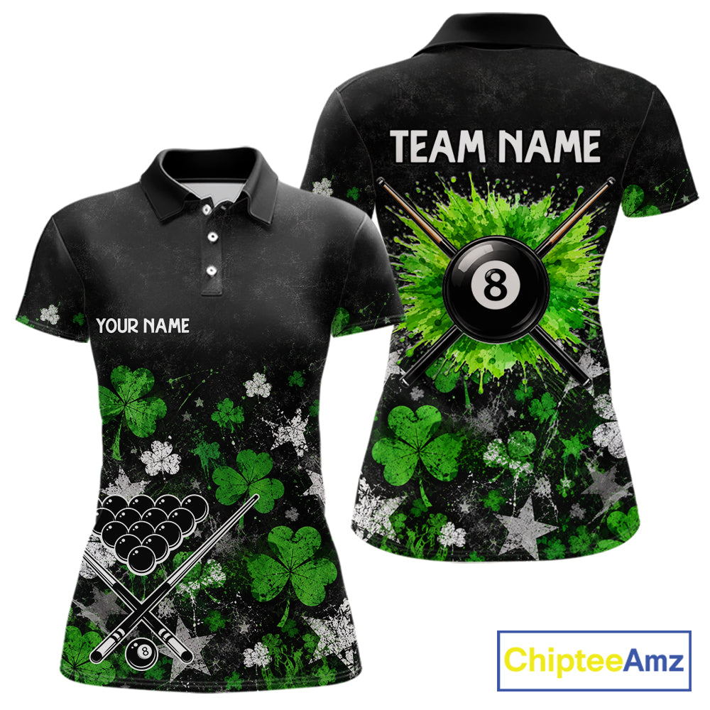 Custom Grunge Star Green Shamrock St Patrick Billiard Shirts For Women Splatter 8 Ball Pool Team Shirts NYN4079