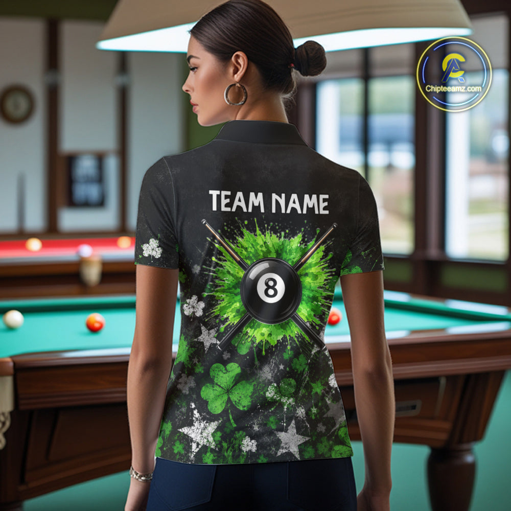 Custom Grunge Star Green Shamrock St Patrick Billiard Shirts For Women Splatter 8 Ball Pool Team Shirts NYN4079