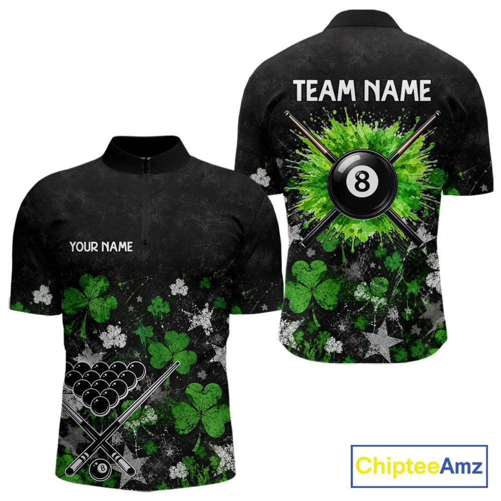 Custom Grunge Star Green Shamrock St Patrick Billiard Shirts For Men Splatter 8 Ball Pool Team Shirts NYN4079