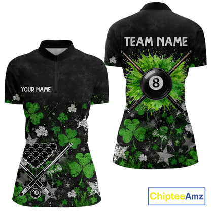 Custom Grunge Star Green Shamrock St Patrick Billiard Shirts For Women Splatter 8 Ball Pool Team Shirts NYN4079