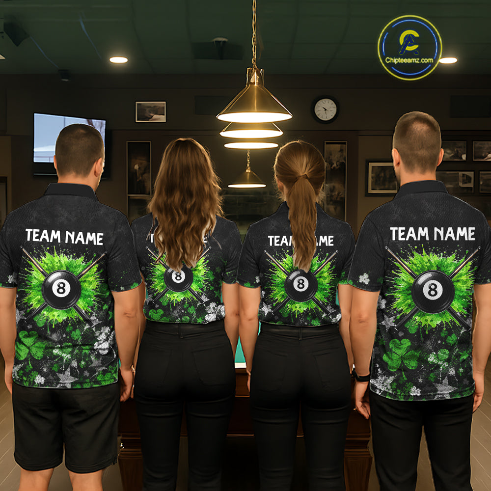 Custom Grunge Star Green Shamrock St Patrick Billiard Shirts For Men Splatter 8 Ball Pool Team Shirts NYN4079