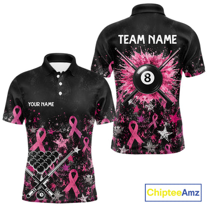Custom Grunge Star Pink Ribbon Breast Cancer Billiard Shirts For Men Splatter 8 Ball Pool Team Shirts NYN4080