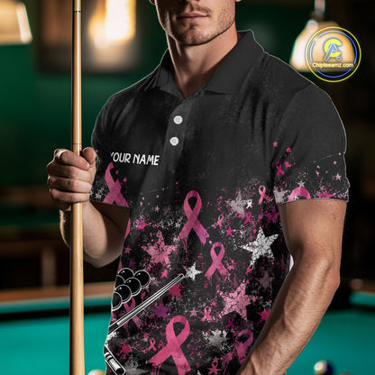 Custom Grunge Star Pink Ribbon Breast Cancer Billiard Shirts For Men Splatter 8 Ball Pool Team Shirts NYN4080