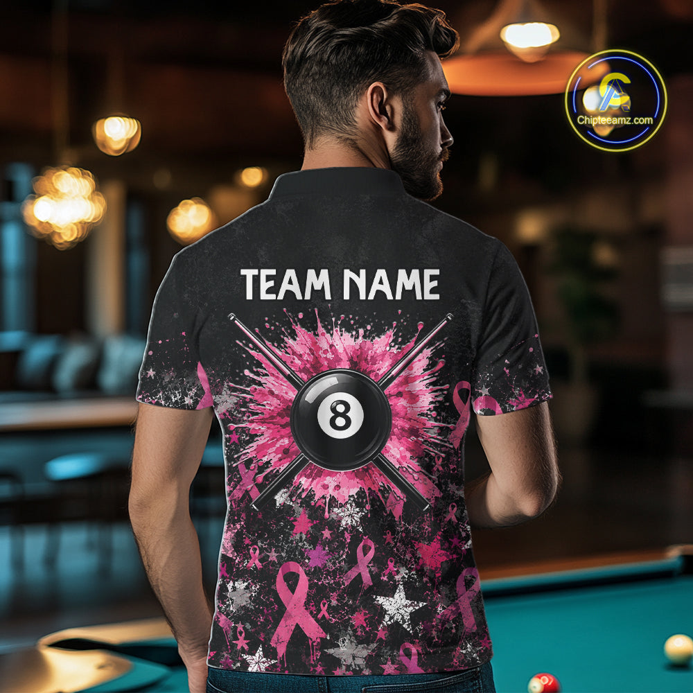 Custom Grunge Star Pink Ribbon Breast Cancer Billiard Shirts For Men Splatter 8 Ball Pool Team Shirts NYN4080