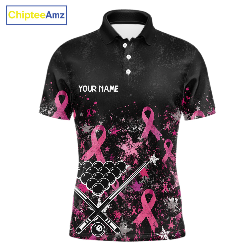 Custom Grunge Star Pink Ribbon Breast Cancer Billiard Shirts For Men Splatter 8 Ball Pool Team Shirts NYN4080