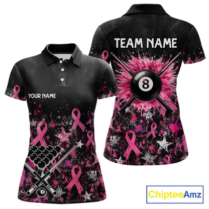 Custom Grunge Star Pink Ribbon Breast Cancer Billiard Shirts For Women Splatter 8 Ball Pool Team Shirts NYN4080