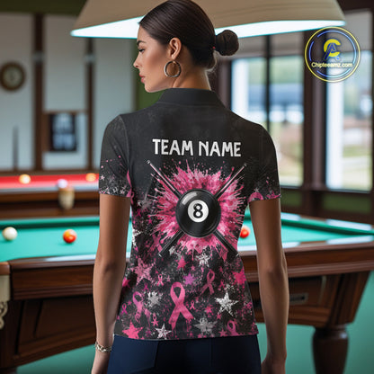 Custom Grunge Star Pink Ribbon Breast Cancer Billiard Shirts For Women Splatter 8 Ball Pool Team Shirts NYN4080