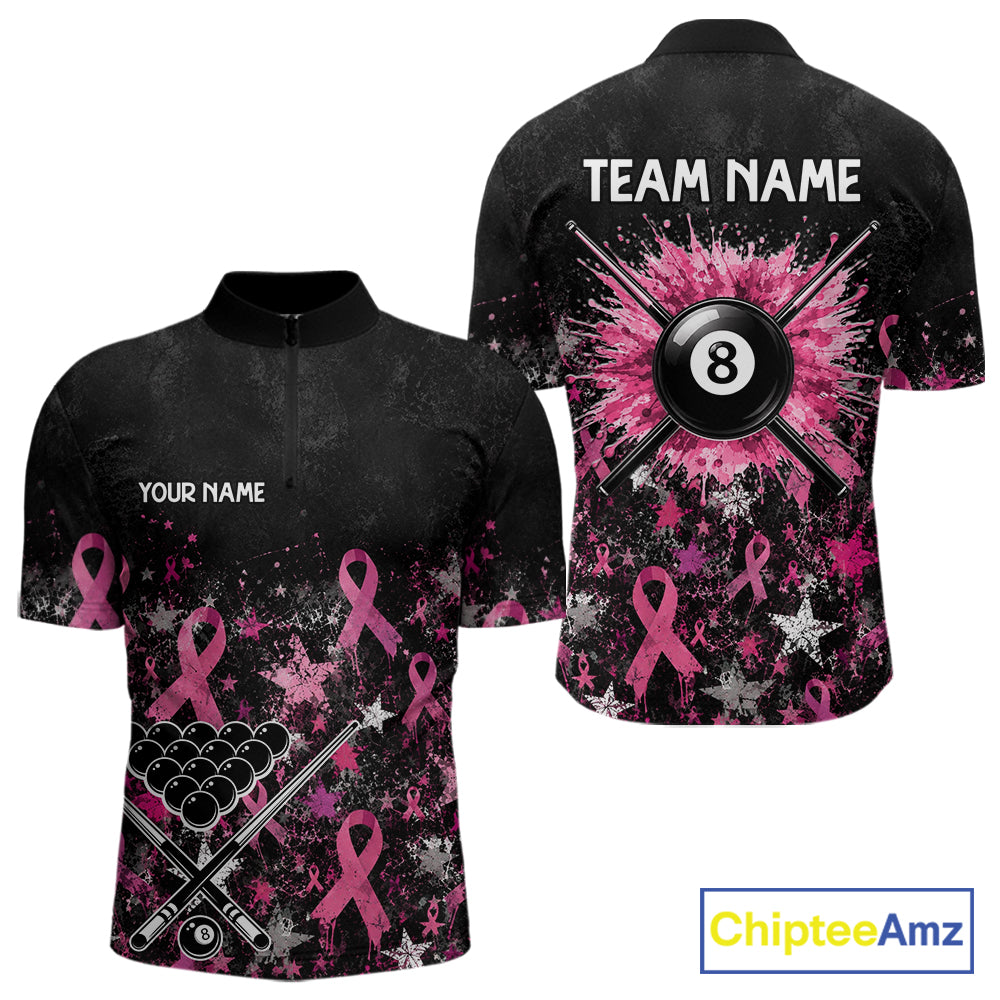 Custom Grunge Star Pink Ribbon Breast Cancer Billiard Shirts For Men Splatter 8 Ball Pool Team Shirts NYN4080