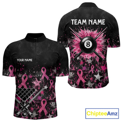 Custom Grunge Star Pink Ribbon Breast Cancer Billiard Shirts For Men Splatter 8 Ball Pool Team Shirts NYN4080