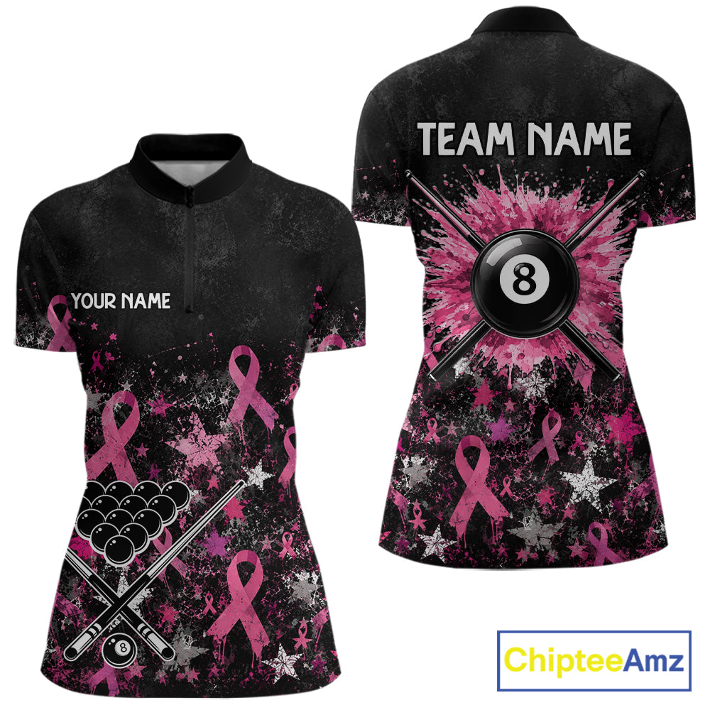 Custom Grunge Star Pink Ribbon Breast Cancer Billiard Shirts For Women Splatter 8 Ball Pool Team Shirts NYN4080