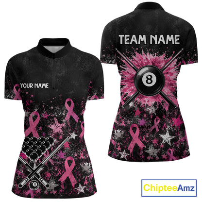 Custom Grunge Star Pink Ribbon Breast Cancer Billiard Shirts For Women Splatter 8 Ball Pool Team Shirts NYN4080