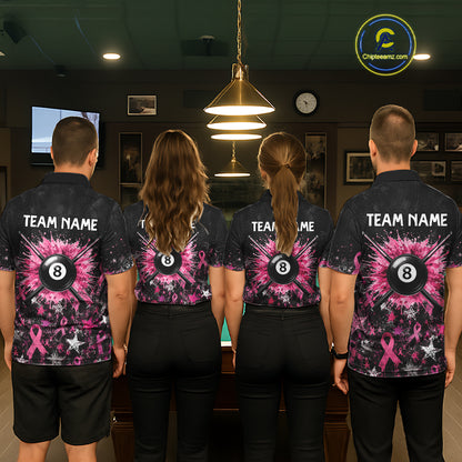Custom Grunge Star Pink Ribbon Breast Cancer Billiard Shirts For Men Splatter 8 Ball Pool Team Shirts NYN4080