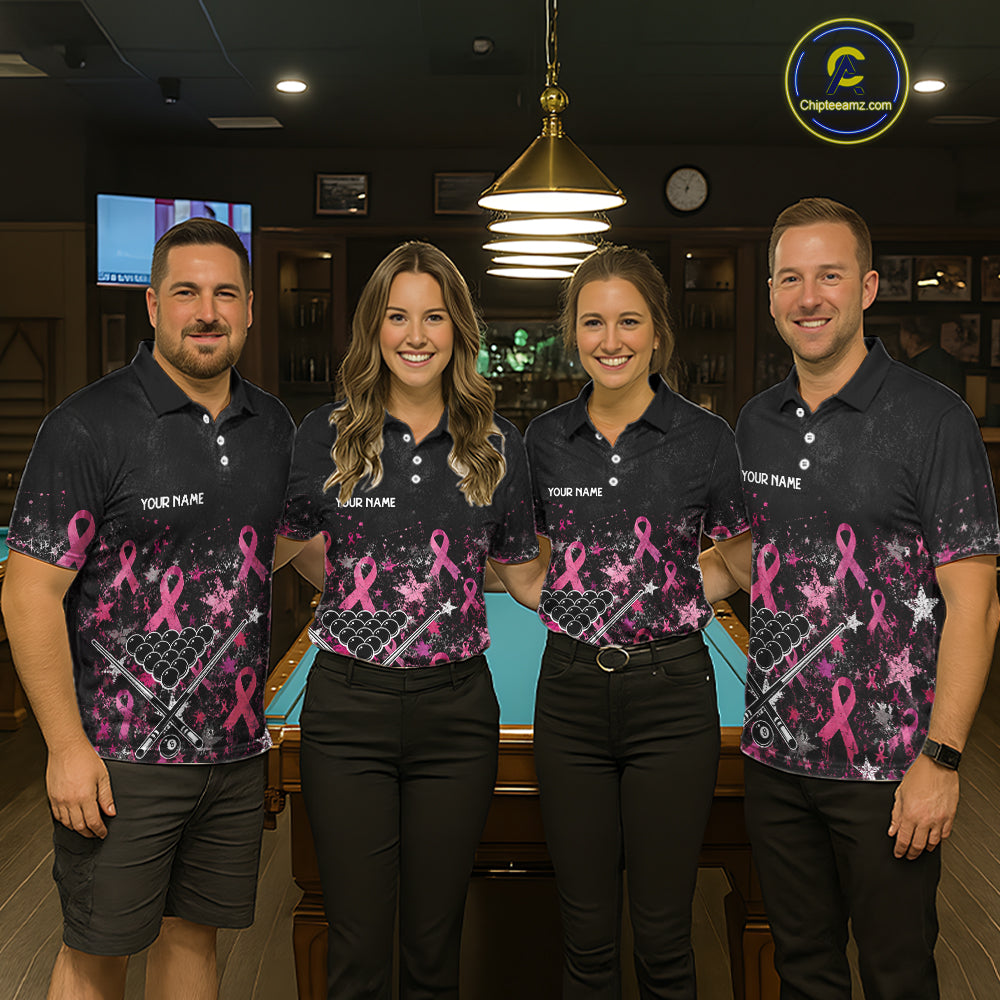 Custom Grunge Star Pink Ribbon Breast Cancer Billiard Shirts For Men Splatter 8 Ball Pool Team Shirts NYN4080