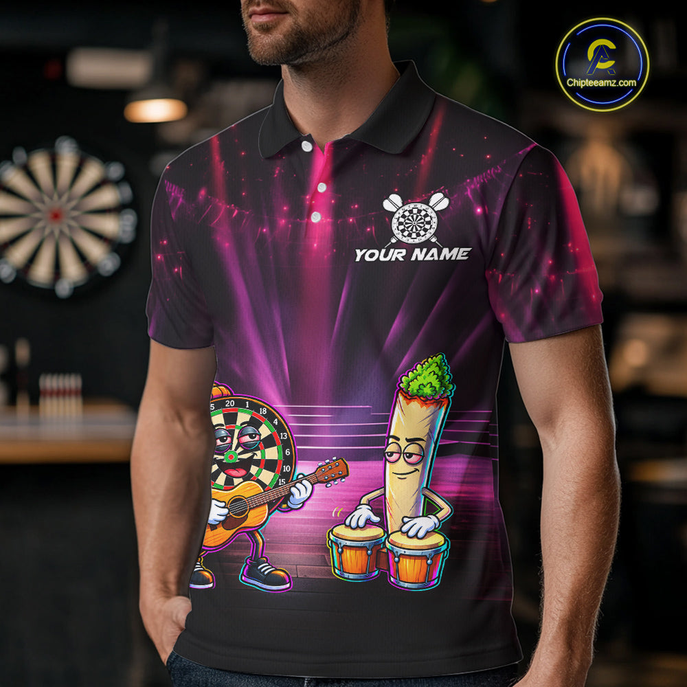 Funny Mens Darts Polo Quarter-Zip Shirt Dartboard Guitar Custom Name Pink Musician Darts Team Uniform NYN4466