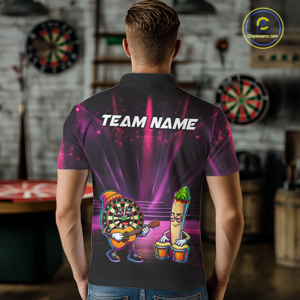 Funny Mens Darts Polo Quarter-Zip Shirt Dartboard Guitar Custom Name Pink Musician Darts Team Uniform NYN4466