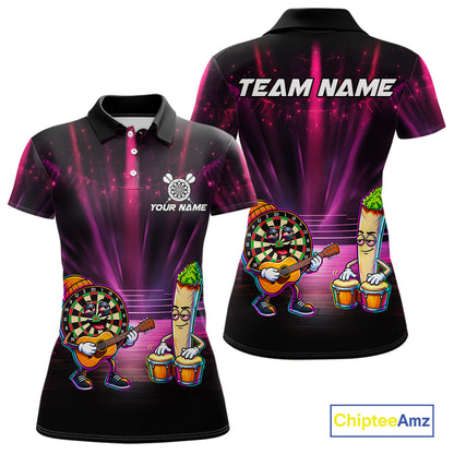 Funny Womens Darts Polo Quarter-Zip Shirt Dartboard Guitar Custom Name Pink Musician Darts Team Uniform NYN4466