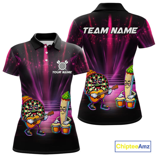 Funny Womens Darts Polo Quarter-Zip Shirt Dartboard Guitar Custom Name Pink Musician Darts Team Uniform NYN4466