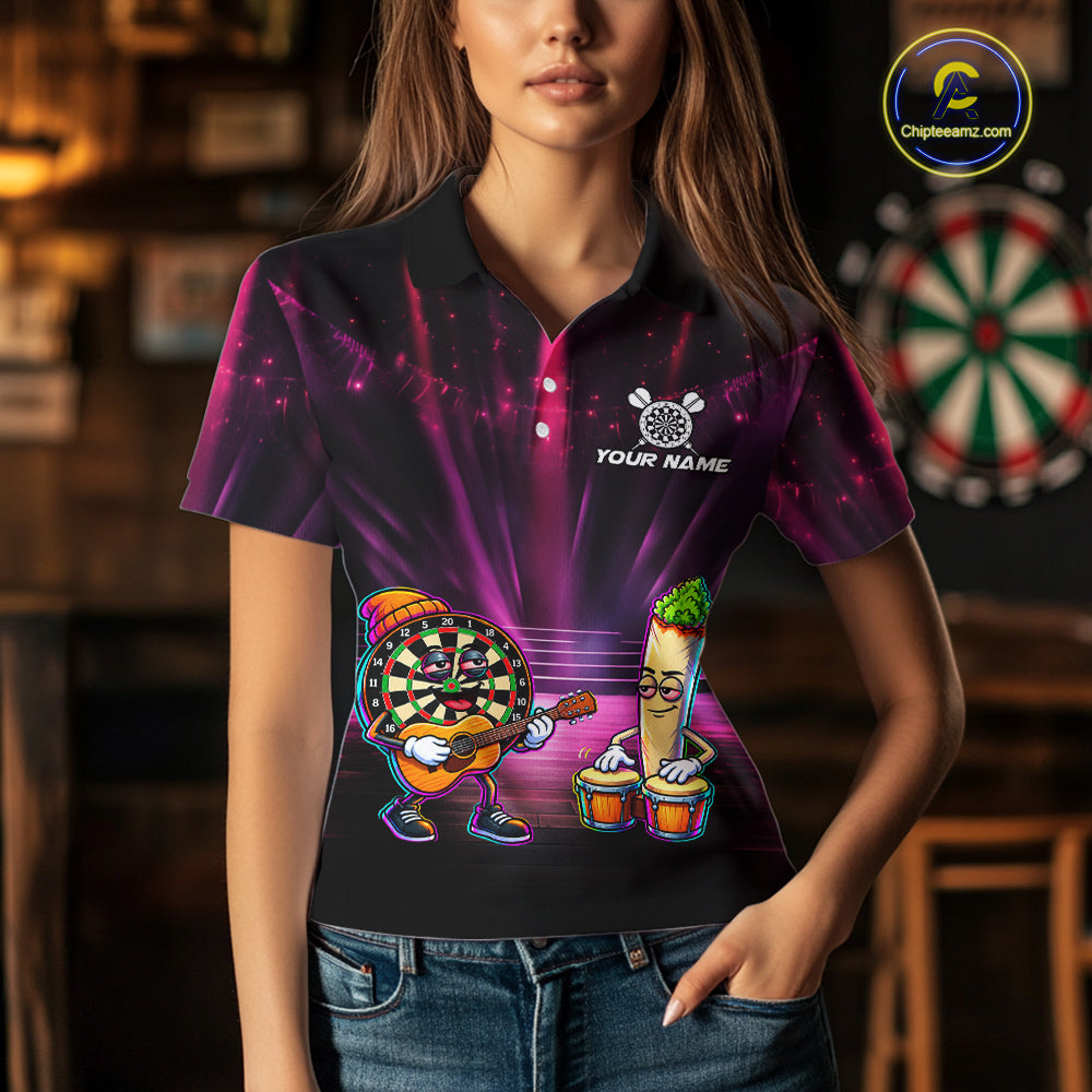 Funny Womens Darts Polo Quarter-Zip Shirt Dartboard Guitar Custom Name Pink Musician Darts Team Uniform NYN4466