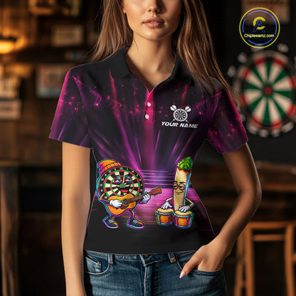 Funny Womens Darts Polo Quarter-Zip Shirt Dartboard Guitar Custom Name Pink Musician Darts Team Uniform NYN4466