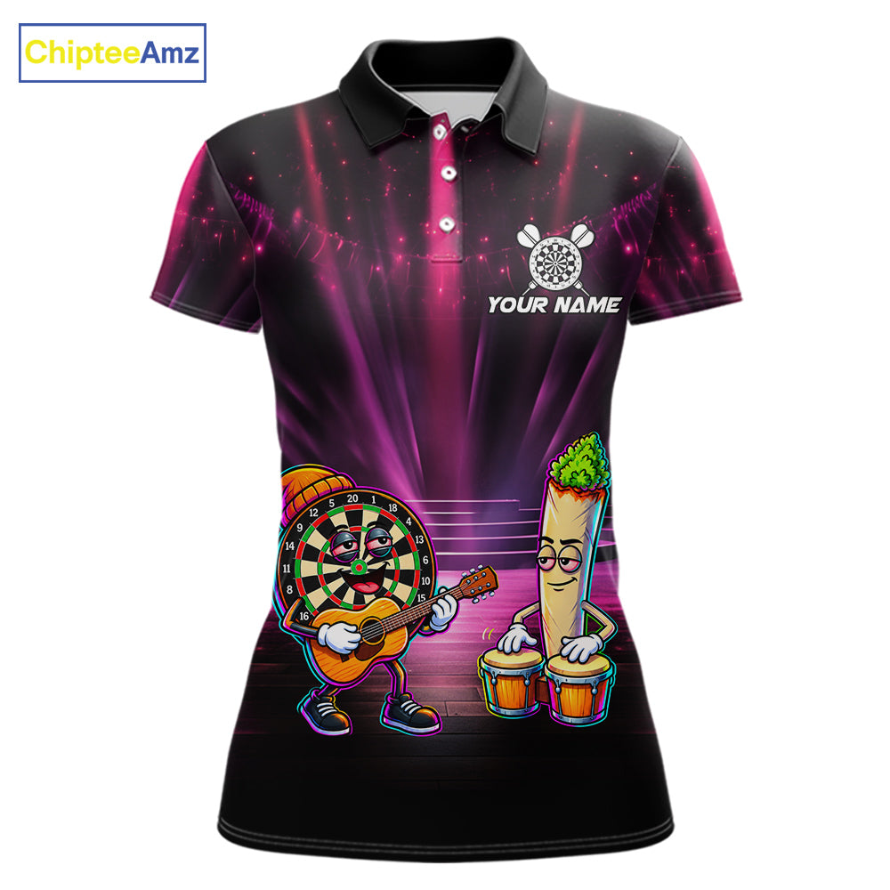 Funny Womens Darts Polo Quarter-Zip Shirt Dartboard Guitar Custom Name Pink Musician Darts Team Uniform NYN4466