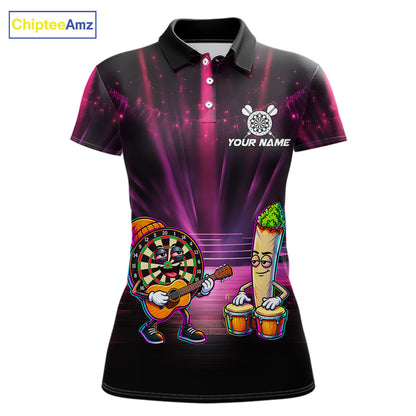 Funny Womens Darts Polo Quarter-Zip Shirt Dartboard Guitar Custom Name Pink Musician Darts Team Uniform NYN4466