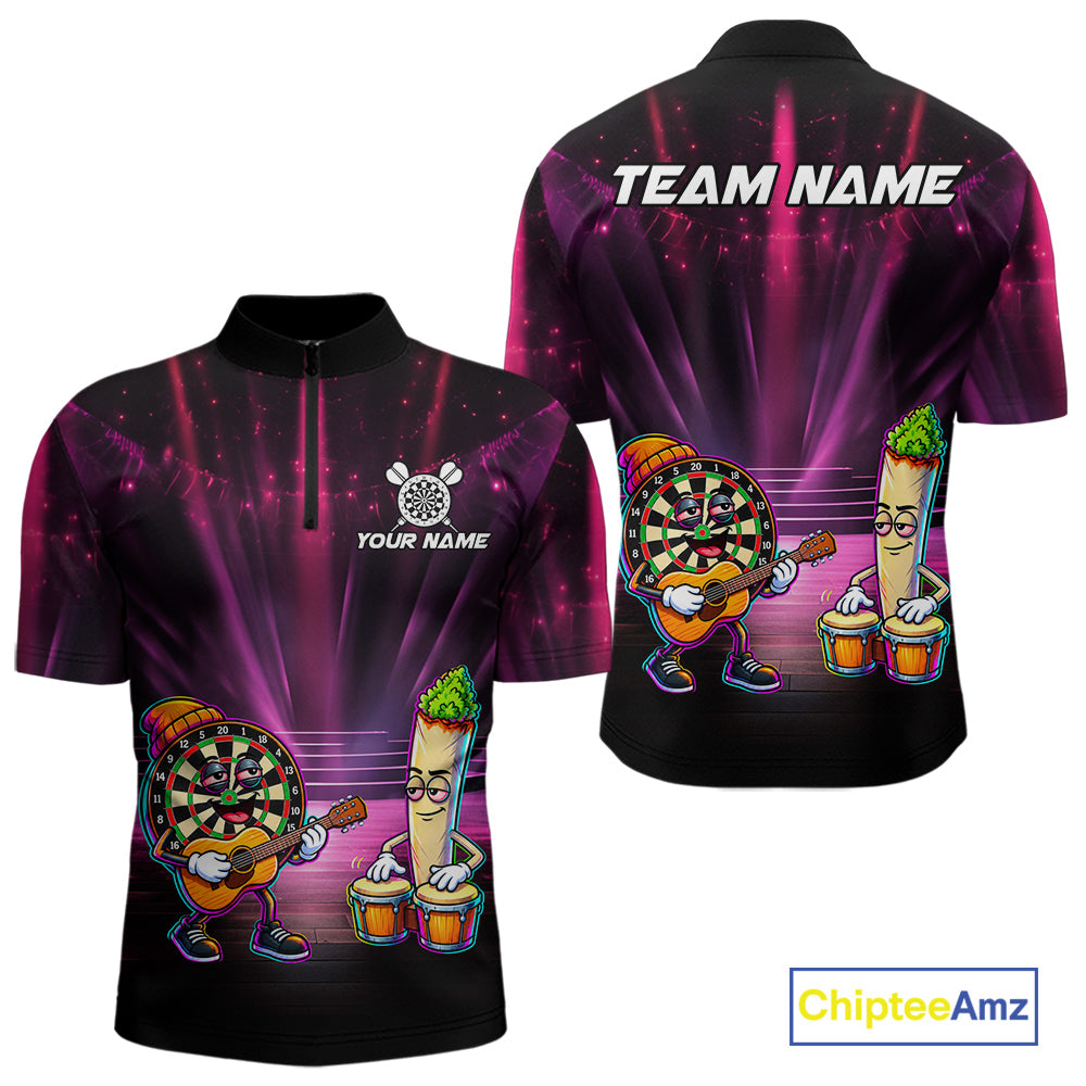 Funny Mens Darts Polo Quarter-Zip Shirt Dartboard Guitar Custom Name Pink Musician Darts Team Uniform NYN4466