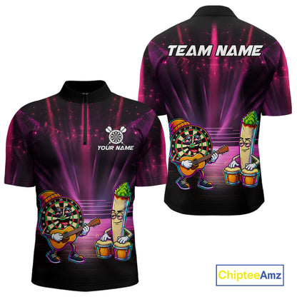 Funny Mens Darts Polo Quarter-Zip Shirt Dartboard Guitar Custom Name Pink Musician Darts Team Uniform NYN4466