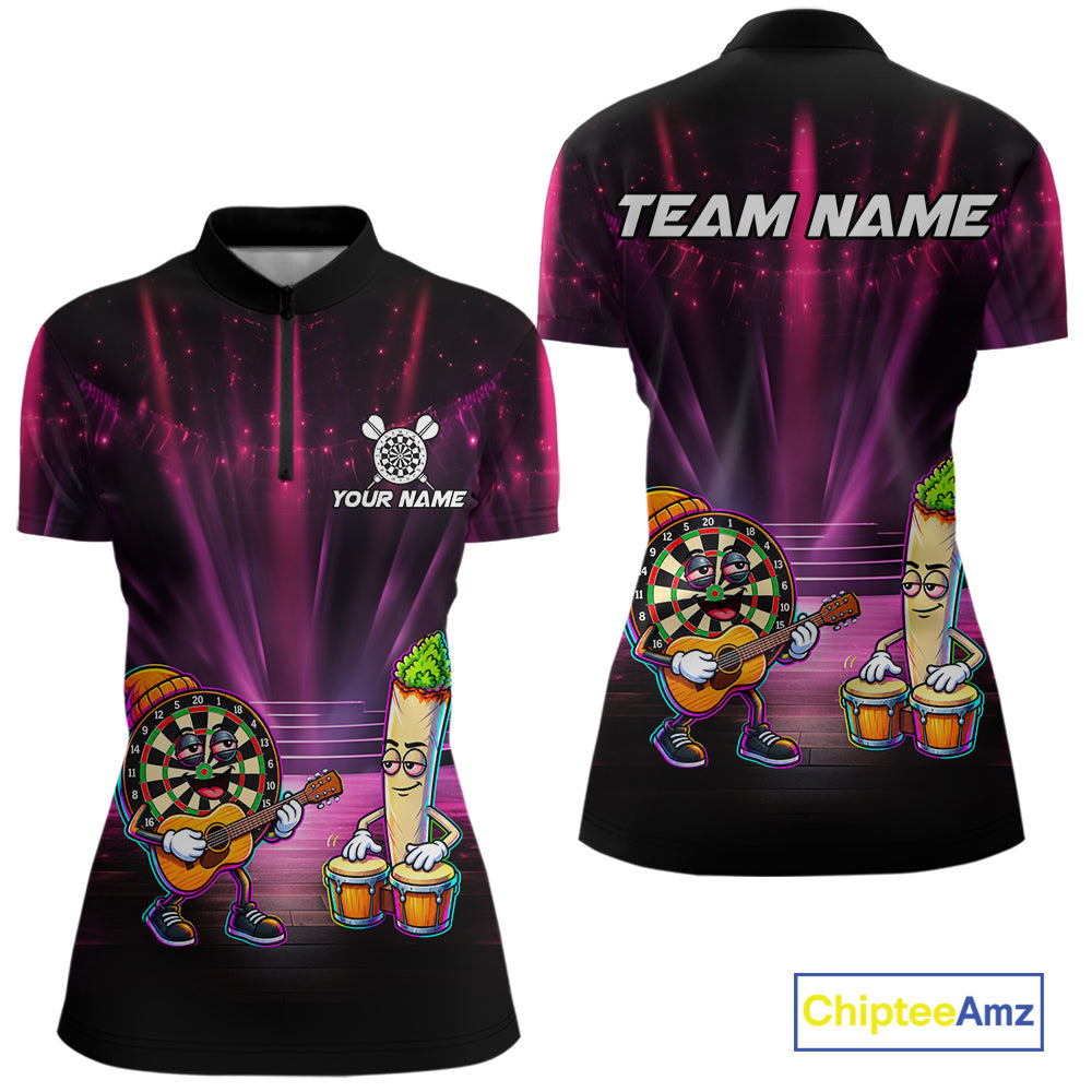Funny Womens Darts Polo Quarter-Zip Shirt Dartboard Guitar Custom Name Pink Musician Darts Team Uniform NYN4466