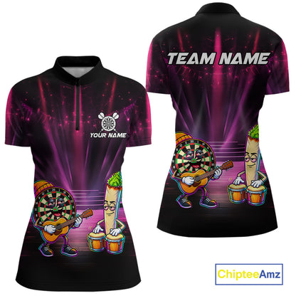 Funny Womens Darts Polo Quarter-Zip Shirt Dartboard Guitar Custom Name Pink Musician Darts Team Uniform NYN4466