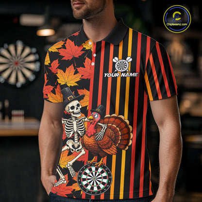 Thanksgiving Darts Team Shirt For Men Custom Skeleton Turkey Dartboard Fall Autumn Leaves Dart Jersey NYN4471