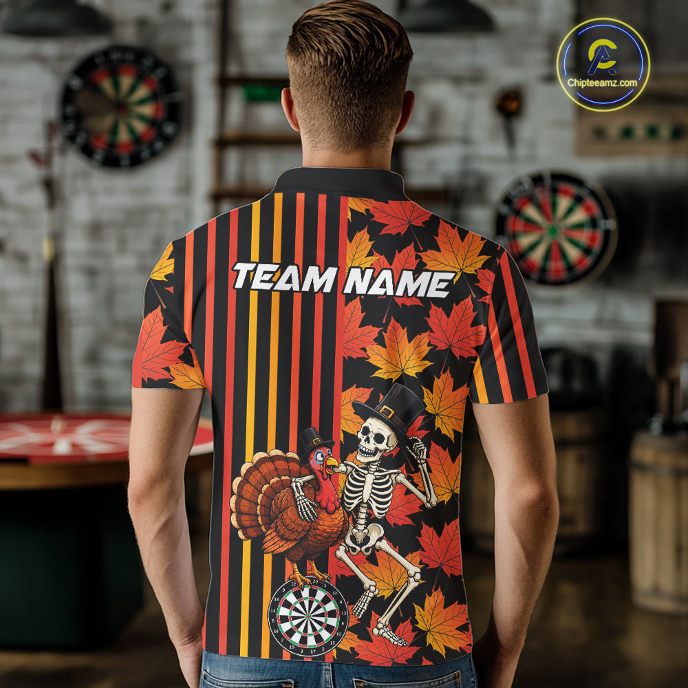 Thanksgiving Darts Team Shirt For Men Custom Skeleton Turkey Dartboard Fall Autumn Leaves Dart Jersey NYN4471